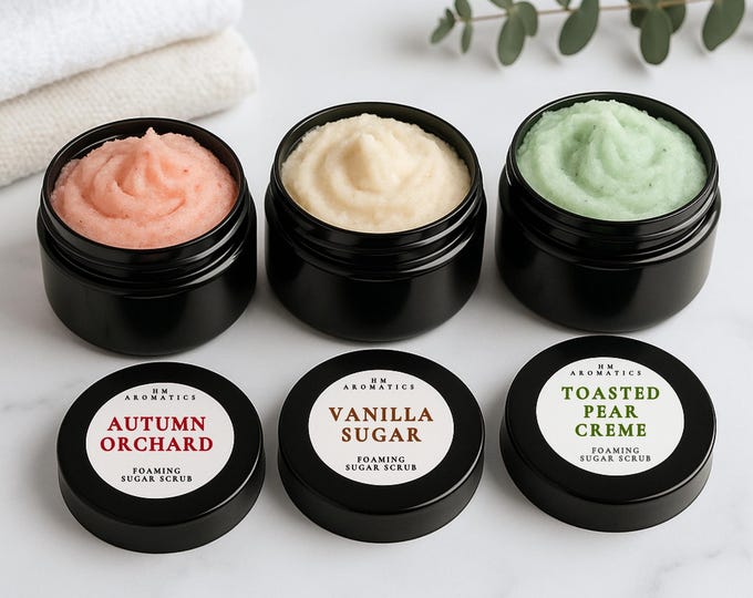 Foaming Sugar Scrub Sample Set, 70 Scents! Choose Your Scents, 3 Jars, 2oz each (Total of 6oz), Whipped Soap Body Polish