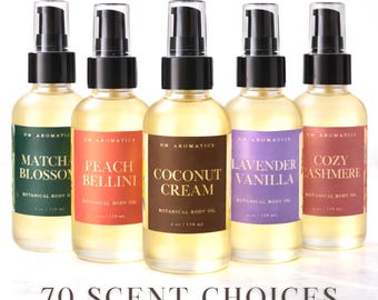 Botanical Body Oil, 70 Scent Choices, Lightweight Moisturizing Skin Oil, 4 oz Frosted Glass Bottle & Treatment Pump