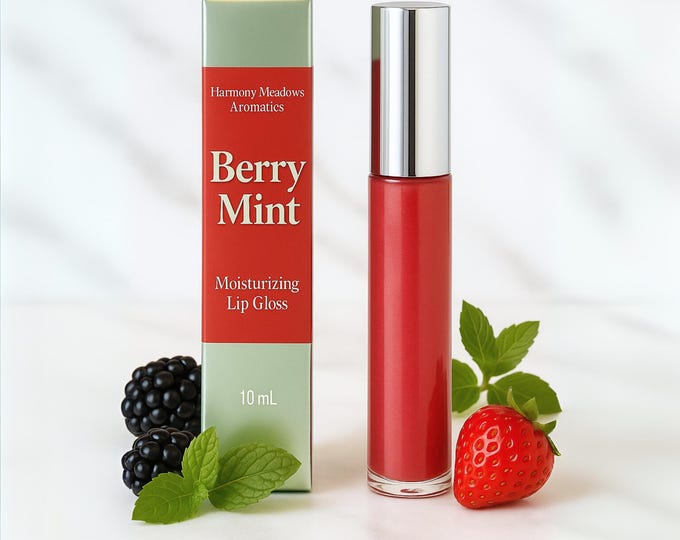 Berry Mint Moisturizing Lip Gloss — Hydrating Botanical Gloss with Iridescent Pink Red Tint
