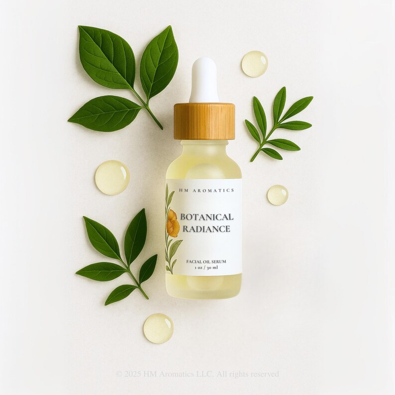 Op de afbeelding: Een heldere glazen fles gezichtsolieserum met een bamboe dop en witte druppelaar. Het etiket luidt "BOTANICAL RADIANCE" met een bloemenillustratie. Groene bladeren en oliedruppels omringen de fles. Bevat 30 ml.