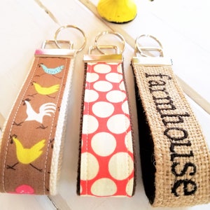 Farmhouse Keychain, Chicken KeyRing, Farm house Key Chain, Polka Dot Key Holder, Chicken wristlet key fob, Burlap Key Gifts for Teachers image 2