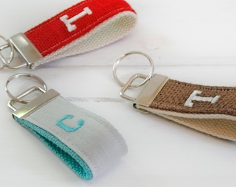 Linen and Burlap Mini KeyChain, Grey Mini Keyring,  Personalized Fabric Key Chain, Turquoise Key Ring, Wristlet Key Fob, Red Mini Keyfob