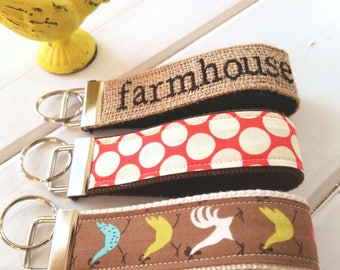 Farmhouse Keychain, Chicken KeyRing, Farm house Key Chain, Polka Dot Key Holder, Chicken wristlet key fob, Burlap Key Gifts for Teachers