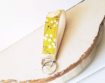 Golden Yellow Floral KeyChain, Wristlet Key Ring,  Fabric Wrist key fob