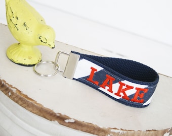 Lake House KeyChain, Hostess Keyring for Lake House, Navy Nautical Fabric Key Chain, Lake Key Holder, Key Ring, Wristlet Key Fob, KeyFob