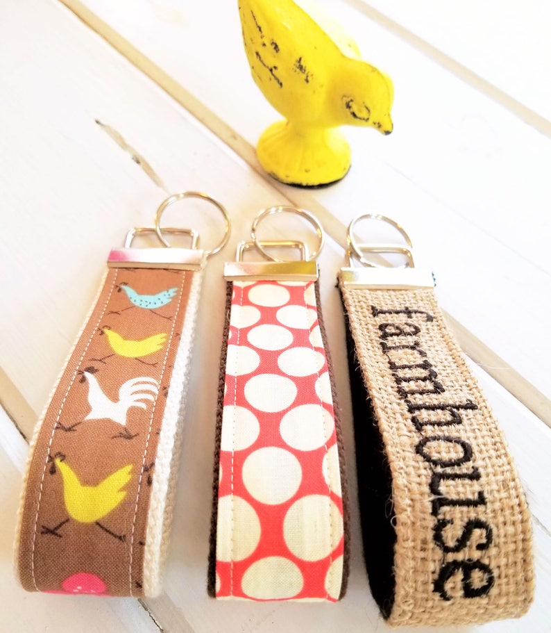 Farmhouse Keychain, Chicken KeyRing, Farm house Key Chain, Polka Dot Key Holder, Chicken wristlet key fob, Burlap Key Gifts for Teachers image 2