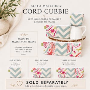 May include: Fabric cord organizers in various sizes featuring a light blue chevron pattern and a pink, green, and white floral paisley print. The text reads ADD A MATCHING CORD CUBBIE, MADE TO MATCH YOUR SLEEVE, ONE SECTION, TWO SECTIONS, THREE SECTIONS.