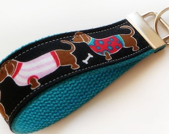 Wrist Key Chain - Key Fob Wristlet Keychain - Dachshund Daschund Dogs - Wiener Dog on Teal