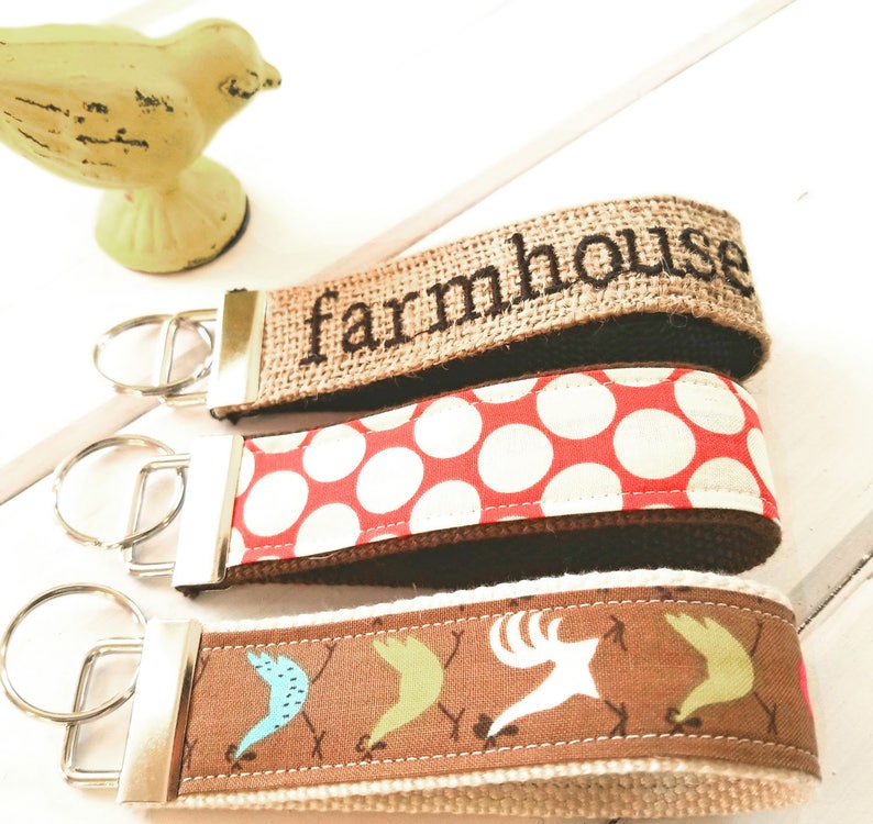 Farmhouse Keychain, Chicken KeyRing, Farm house Key Chain, Polka Dot Key Holder, Chicken wristlet key fob, Burlap Key Gifts for Teachers image 4