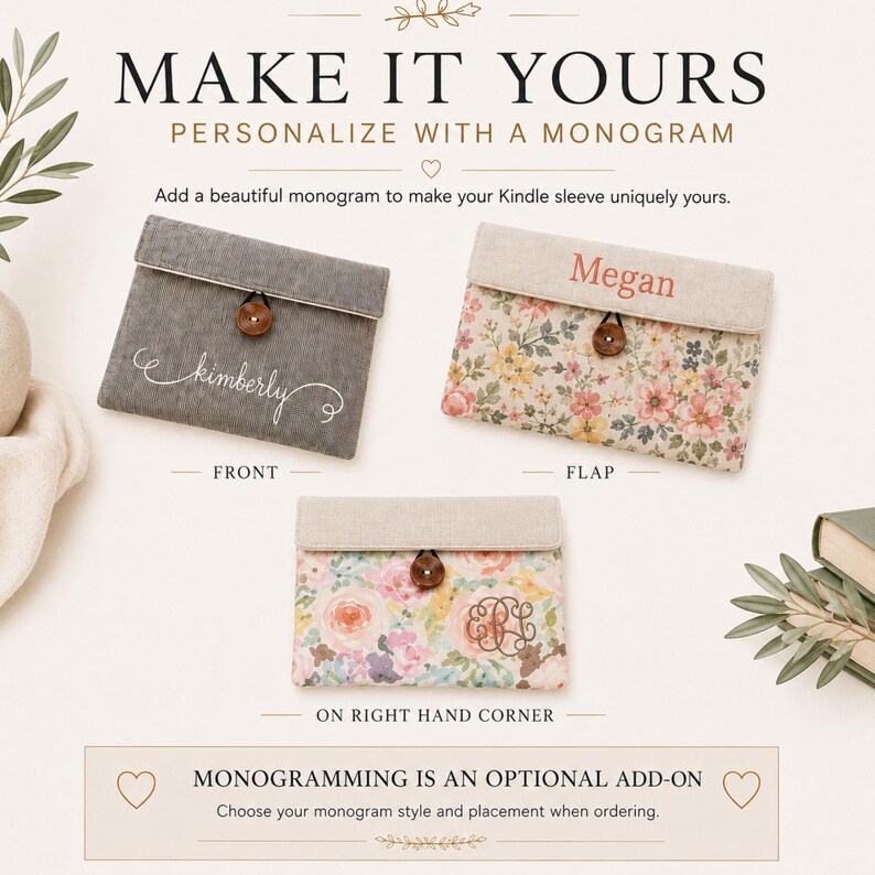May include: Three rectangular fabric sleeves with button closures. One is solid gray with white script text, one has a floral pattern with the name Megan, and one has a floral pattern with a monogram. Text reads MAKE IT YOURS and MONOGRAMMING IS AN OPTIONAL ADD-ON.