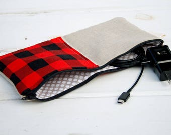 Hipster Charger Cord Cubbies, Zipper Bag for Charger, Phone Cord Tablet Cord Charger Bag, Jewelry Makeup Trave Case, Red Black Buffalo Plaid