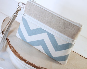 Blue Oceans Chevron and Linen Wristlet Zipper Clutch Purse -Cell Phone Wallet - Wristlet Cell Phone Sleeve for iphones, samsung, blackberry