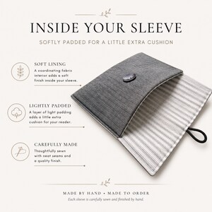 May include: A gray herringbone fabric sleeve with a button closure and a black elastic loop. The interior features a white and gray striped fabric lining. Text on the image includes INSIDE YOUR SLEEVE, SOFT LINING, LIGHTLY PADDED, and CAREFULLY MADE.