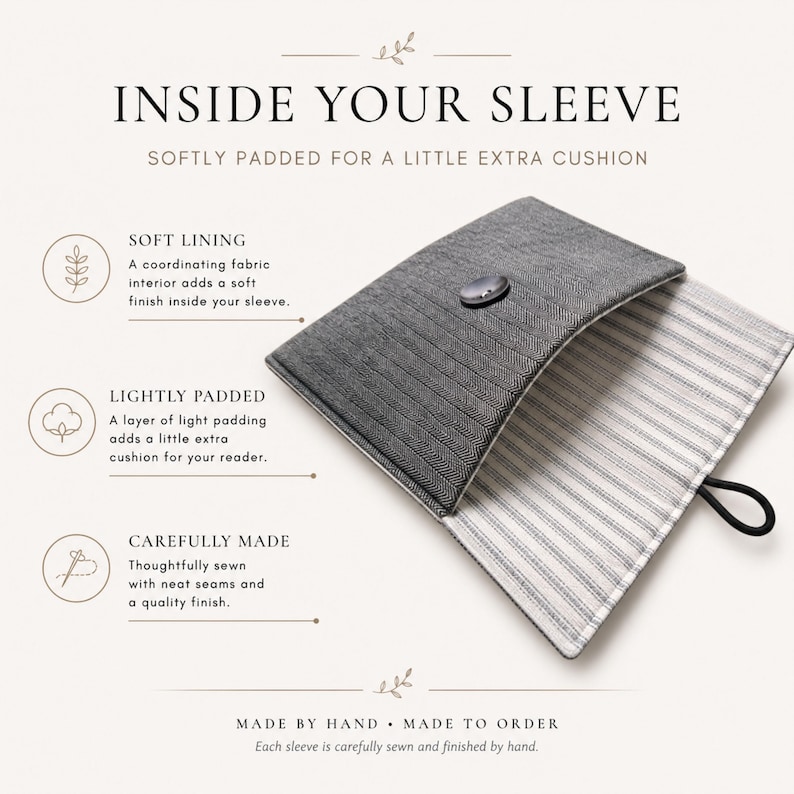 May include: A gray herringbone fabric sleeve with a button closure and a black elastic loop. The interior features a white and gray striped fabric lining. Text on the image includes INSIDE YOUR SLEEVE, SOFT LINING, LIGHTLY PADDED, and CAREFULLY MADE.