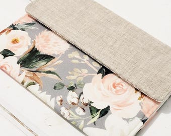 Ipad Sleeve in Linen Gray Floral ipad  air Case Padded Envelope Sleeve Padded Ipad mini sleeve pink grey floral design watercolor flowers