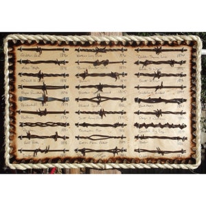 May include: A close-up of a wooden board with a rope border. The board is divided into squares, each containing a different type of barbed wire. Each wire is labelled with its name and the year it was invented. The names include Glidden, Watkins, Bunn, and more.