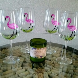 Set of 4 Tropical Pink Flamingo Wine Glasses  FREE SHIPPING