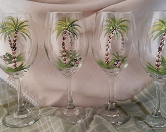 Set of 4 Palm Tree hand painted Wine glasses  FREE SHIPPING