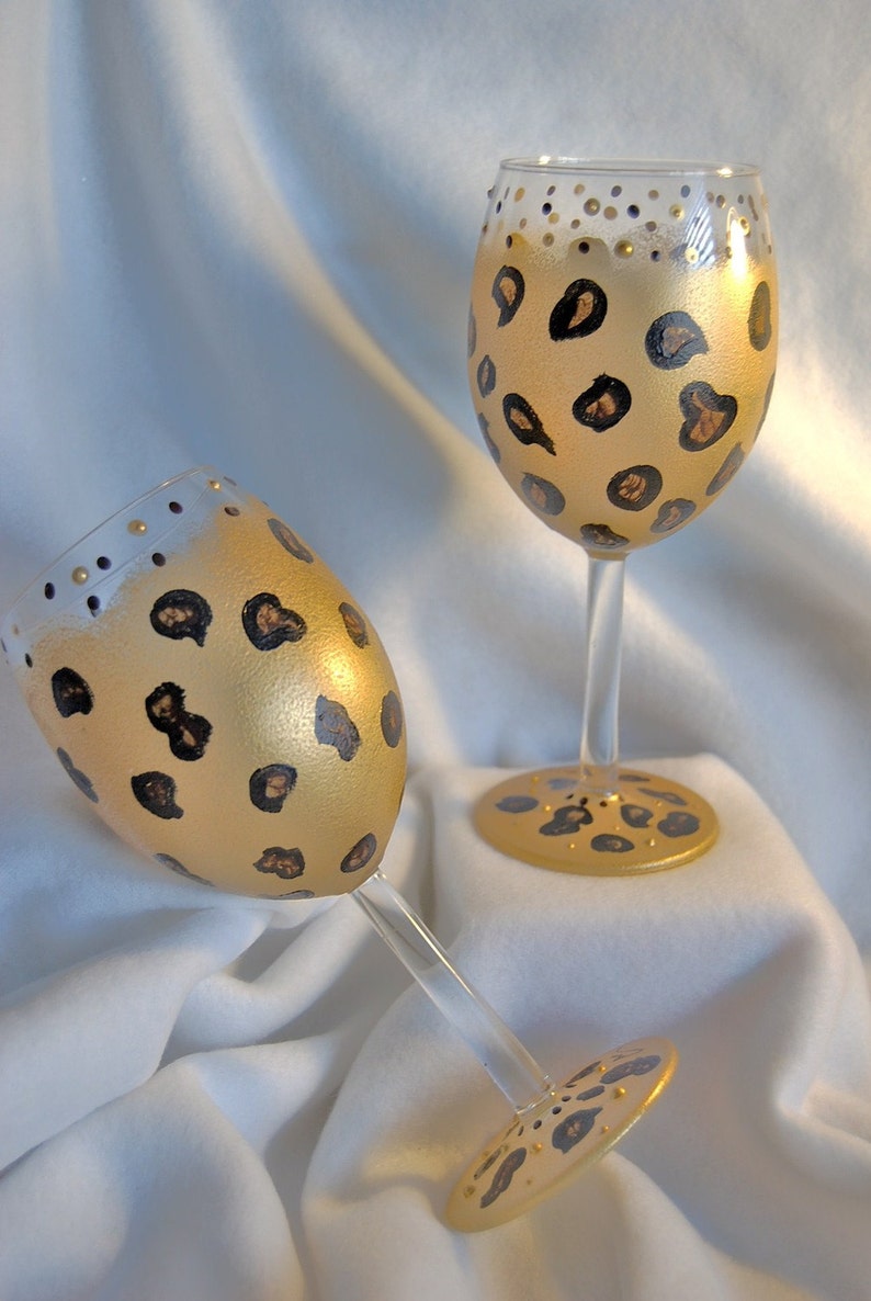 Set of 2 leopard Design Hand Painted Wine Glasses Etsy