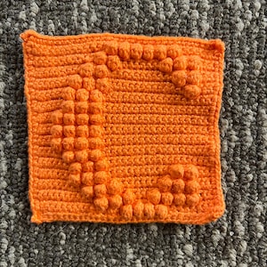May include: A vibrant orange crocheted square, featuring a raised, textured letter "C" in the centre. The handmade item showcases a detailed stitch pattern and a solid colour, suitable for home decor or craft projects.