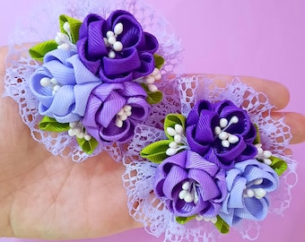 Purple Kanzashi Flower Hair Clip with Lace: Women / Girls Hair Accessories, Gift for Her