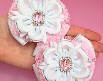 White And Pink Kanzashi Flower Hair Bows Kawaii Hair Tie Lace Bows Flower Hair Clip Big Floral Hair Accessories For Girls Kids Gifts For Her