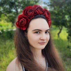 Burgundy Satin Rose Headband Festival Red Flower Crown Floral Headpiece Bridesmaid Hair Wreath Hair Accessories For Women Girls Gift For Her