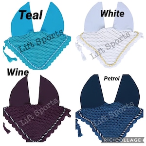 May include: Four horse fly bonnets in different colors: teal, white, wine, and petrol. Each bonnet has a white trim and the text "Lift Sports" on the side.