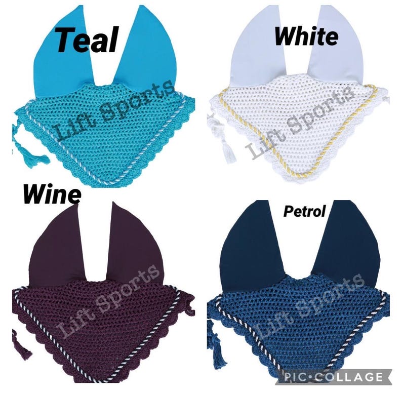 May include: Four horse fly bonnets in different colors: teal, white, wine, and petrol. Each bonnet has a white trim and the text "Lift Sports" on the side.