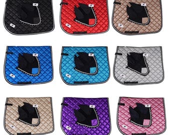 Hand Made Horse English Dressage Saddle Pad Glittery Spark with Matching Crochet Ear Bonnet Net Mask Fly Veil