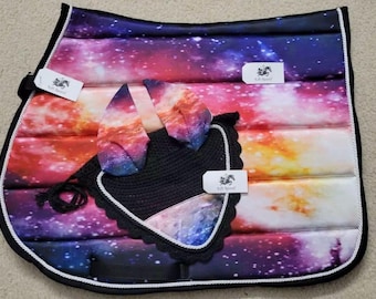 Hand Made Galaxy Style Horse English All purpose Saddle Pad with Matching Crochet Ear Bonnet Net Mask New