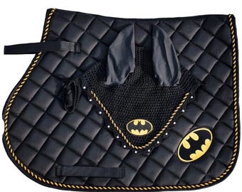 Hand Made Halloween Batman Horse English Saddle Pad with Matching Crochet Ear Bonnet Net Mask