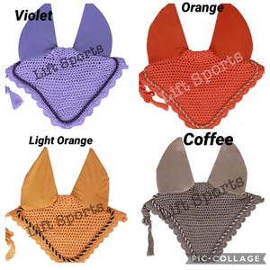 May include: Four crocheted horse fly bonnets in different colors: violet, orange, light orange, and coffee. Each bonnet has a decorative trim and a tassel.