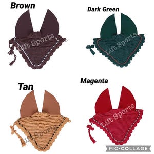 May include: Four horse fly bonnets in different colors: brown, dark green, tan, and magenta. Each bonnet has a crocheted trim and a tassel.