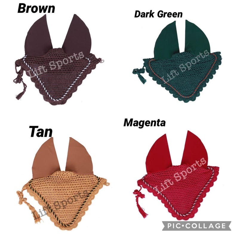 May include: Four horse fly bonnets in different colors: brown, dark green, tan, and magenta. Each bonnet has a crocheted trim and a tassel.