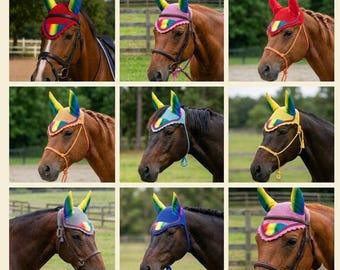 Hand Made Rainbow Horse Ear Bonnet Fly Veil Cotton Crochet Pride Month June