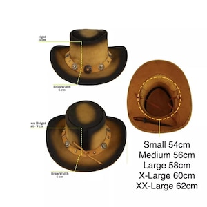 May include: A brown and black cowboy hat with a leather band and metal accents. The hat is available in sizes Small (54 cm), Medium (56 cm), Large (58 cm), X-Large (60 cm), and XX-Large (62 cm).