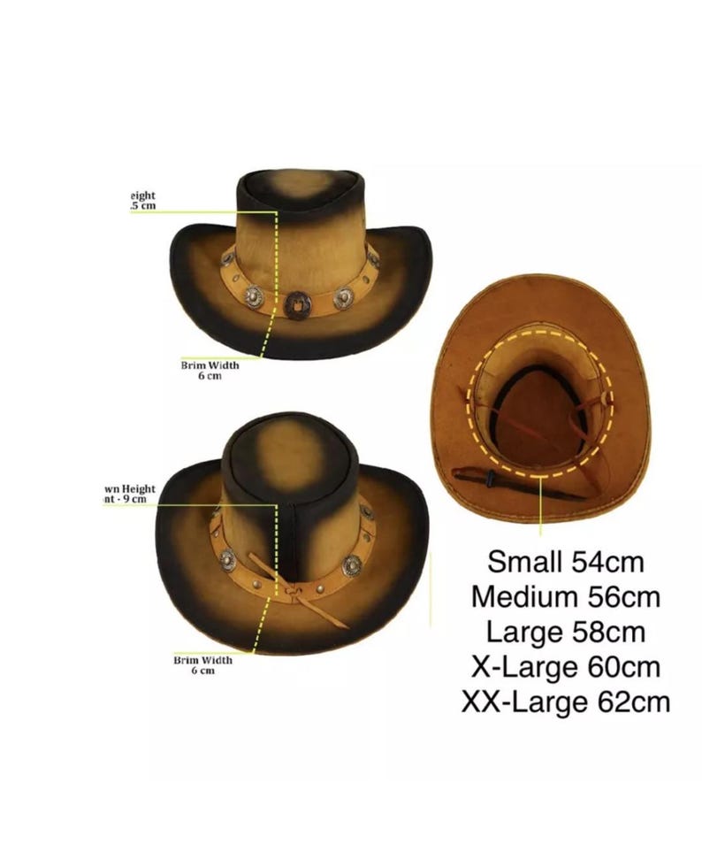 May include: A brown and black cowboy hat with a leather band and metal accents. The hat is available in sizes Small (54 cm), Medium (56 cm), Large (58 cm), X-Large (60 cm), and XX-Large (62 cm).