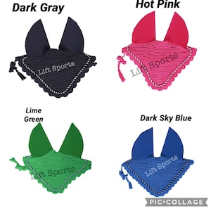 May include: Four horse fly hoods in different colors: dark gray, hot pink, lime green, and dark sky blue. Each hood has a crocheted design with a white trim and a tassel. The hoods are labeled with the brand name "Lift Sports".