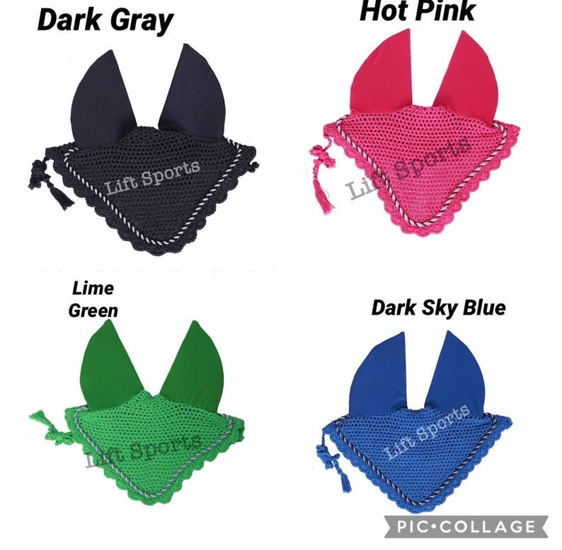 May include: Four horse fly hoods in different colors: dark gray, hot pink, lime green, and dark sky blue. Each hood has a crocheted design with a white trim and a tassel. The hoods are labeled with the brand name "Lift Sports".