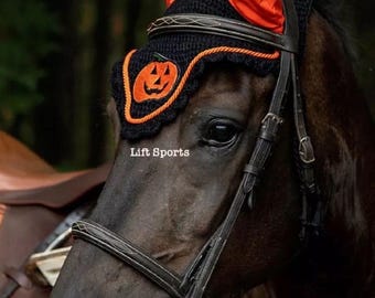 Hand Made Halloween Pumpkin Horse Ear Bonnet Fly Veil Cotton Crochet Full/Cob/Pony