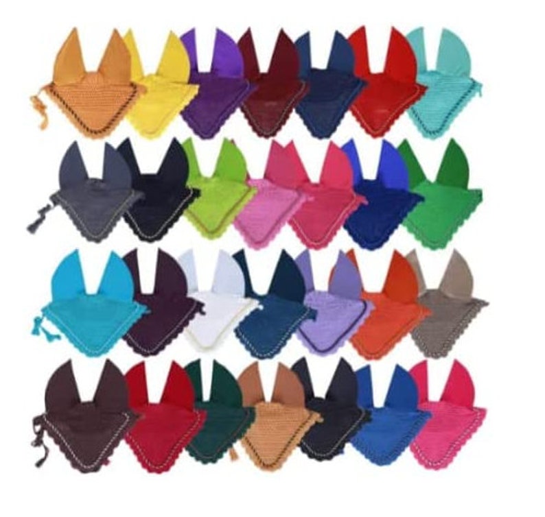 May include: A collection of 25 horse fly hoods in various colors, including red, blue, green, yellow, and purple. The hoods are made of a fine mesh material and have a decorative trim around the edges.