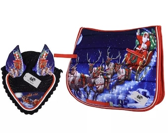 Hand Made Christmas Santa Claus Horse English Saddle Pad with Matching Crochet Ear Bonnet Net Mask