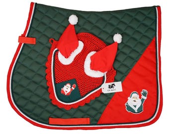 Hand Made Christmas Santa Claus Horse English All purpose Saddle Pad with Matching Crochet Ear Bonnet Net Mask Full Cob