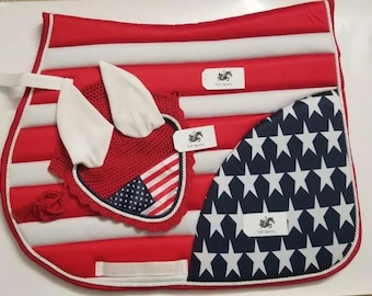Hand Made American USA flag Horse English All purpose Saddle Pad with Matching Crochet Ear Bonnet Net Mask New