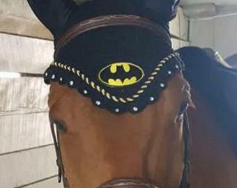 Hand Made Halloween Batman Horse Ear Bonnet Fly Veil Cotton Crochet Full/Cob/Pony