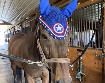 Hand Made Halloween Captain America Horse Ear Bonnet Fly Veil Cotton Crochet Full/Cob/Pony