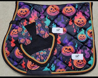 Hand Made Halloween Horse English Saddle Pad with Matching Crochet Ear Bonnet Net Mask Pumpkin Polyester