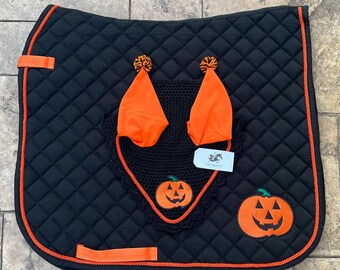 Hand Made Halloween Horse Dressage English Saddle Pad with Matching Crochet Ear Bonnet Net Mask Pumpkin