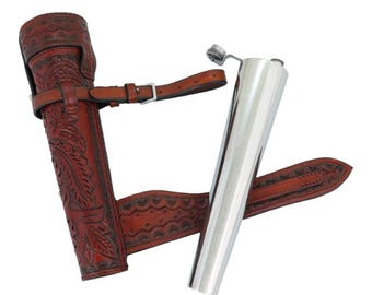 Hand Made Crafted Saddle Hip Flask Original Leather with Stainless Steel Bottle Baton Fox Hunting